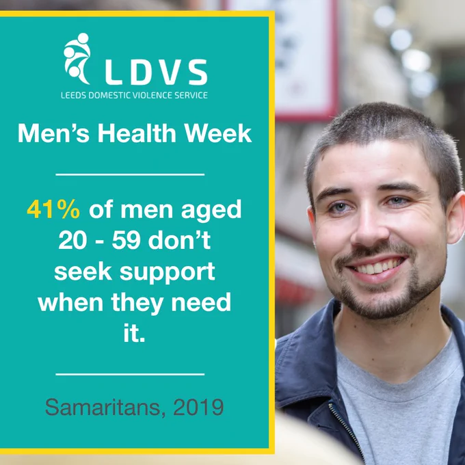 Picture of man smiling. Men's Health Week. 41% of men aged 20 - 59 don't seek support when they need it. Samaritans, 2019.