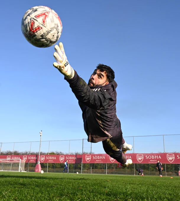 David Raya saves during a training session, January. Lovely light on a sunny day at Sobha, I knew the picture I wanted but just had to be patient and wait for the perfect shot and brilliant save. 