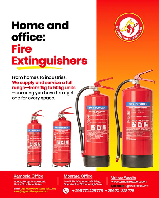 Secure your home or office from fire with @UgandaFireExpertsLtd. 🔥📷 We provide proactive fire protection through a full range of #FireExtinguishers, ensuring a perfect fit for every space.  

Contact us today!
📷 256 774 228 778 /  256 701 228 778 📷  

#UgandaFireExperts 
