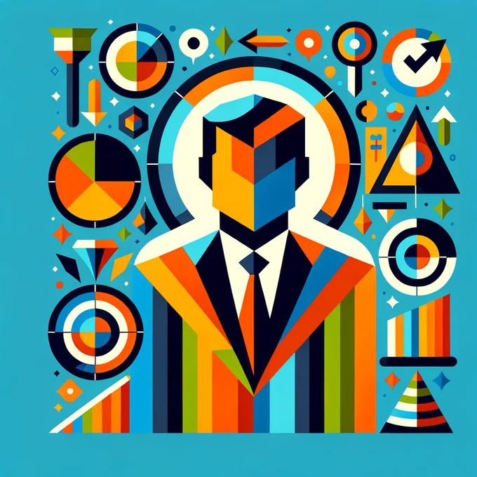 A flat design illustration showcasing a large central figure representing a business professional or marketer, composed of bold geometric shapes in vibrant saturated colors.