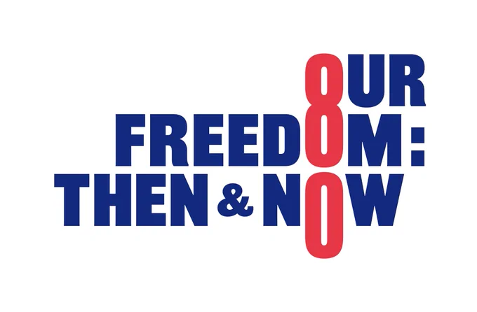 Our Freedom: Then & Now red and blue logo against a white background