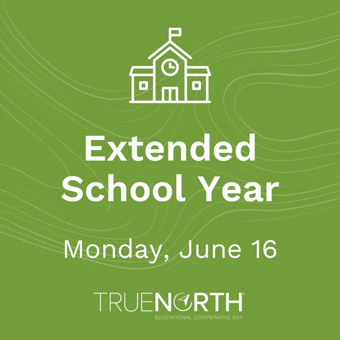 green graphic with school icon that reads extended school year, monday, june 16