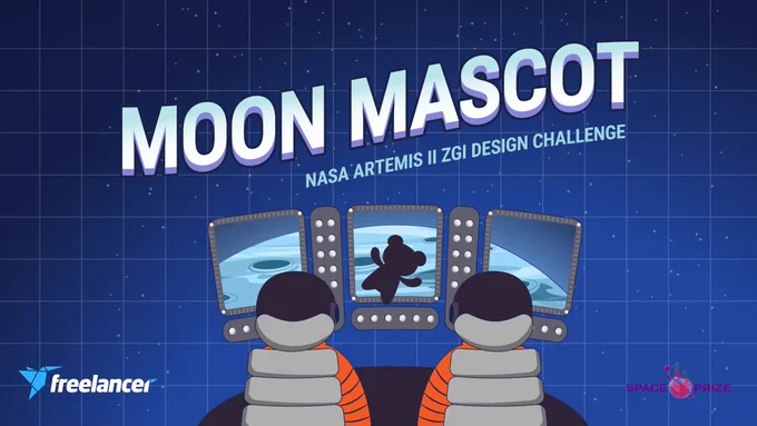 Cartoon of two astronauts inside of a space capsule with Earth visible out the windows. Between them, the shadow of a small plush animal floats. Along with the title Moon Mascot NASA Artemis 2 ZGI Design Challenge
