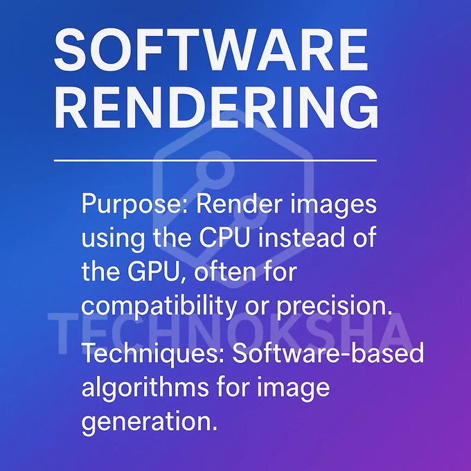 A vibrant digital poster with a gradient background transitioning from deep blue to purple. The title “Software Rendering” is displayed in bold white text at the top. Below is an icon of a gear representing software tools. The poster lists two bullet points in white text:
• “Purpose: Render images using the CPU instead of the GPU, often for compatibility or precision.”
• “Techniques: Software-based algorithms for image generation.”
The design is modern, minimal, and suitable for Facebook or social media sharing.

By Technoksha