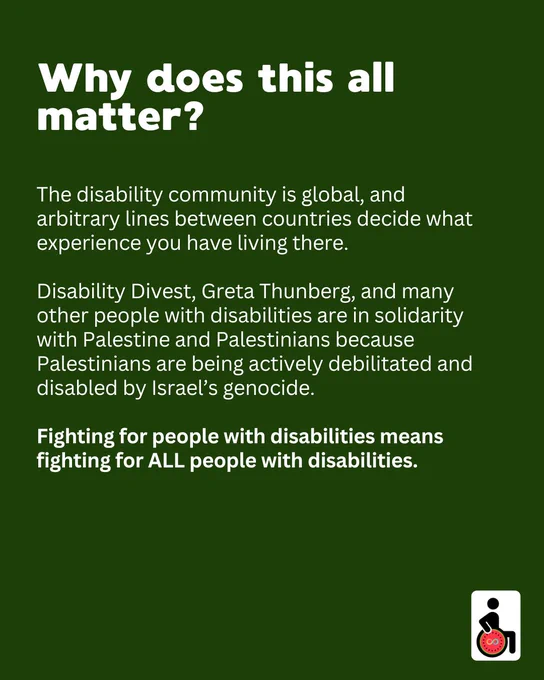Why does this all matter?
The disability community is global, and arbitrary lines between countries decide what experience you have living there. 

Disability Divest, Greta Thunberg, and many other people with disabilities are in solidarity with Palestine and Palestinians because Palestinians are being actively debilitated and disabled by Israel’s genocide.

Fighting for people with disabilities means fighting for ALL people with disabilities. 