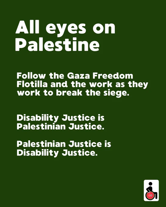 All eyes on Palestine.
Follow the Gaza Freedom Flotilla and the work as they work to break the siege. 
Disability Justice is Palestinian Justice.

Palestinian Justice is Disability Justice.