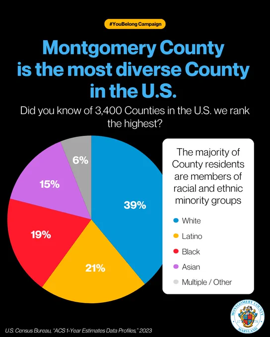 Infographic titled “Montgomery County is the most diverse County in the U.S.” A pie chart shows the county’s racial and ethnic breakdown: 39% White (blue), 21% Latino (yellow), 19% Black (red), 15% Asian (purple), 6% Multiple/Other (gray). Text notes Montgomery ranks highest in diversity out of 3,400 U.S. counties and that most residents are part of racial and ethnic minority groups. Montgomery County seal appears in the corner.