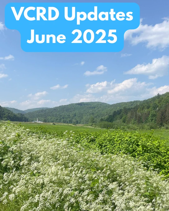 A photograph of mountains and fields with a barn and silo far off in the distance under a partially cloudy sky. The words read VCRD Updates June 2025