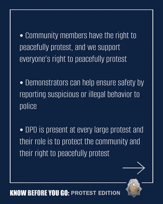 Text image outlining guidelines for peaceful protest: Community members have rights to peaceful protest, demonstrators should report illegal activities for safety, and the presence of police to protect the community. Titled 'Know Before You Go: Protest Edition' with a logo resembling a law enforcement badge at the bottom.