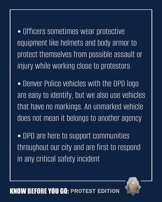 Informative poster titled "KNOW BEFORE YOU GO: PROTEST EDITION" detailing safety measures and vehicle identification tips during protests, featuring the Denver Police Department logo.