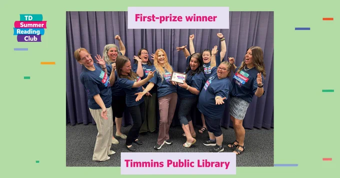 Timmins Public Library - Names of people from left to right:
Amy Knifton – Janet Charlebois (slightly behind) – Amy Kelsey – Andrea Gaudreau (slightly behind) – Francine Denis – Louise Gaudette – Jennifer Cumming (slightly behind) – Melanie Lemieux – Carole-Ann Demers