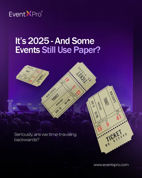 Event management software ad showing paper tickets, highlighting need for digital event registration solutions.