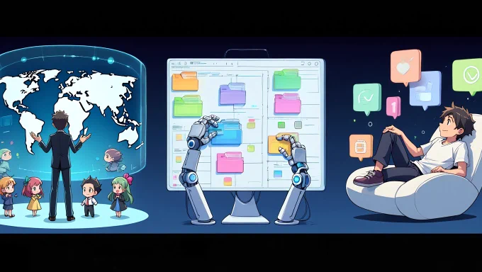 A founder using a futuristic holographic interface to assign tasks to chibi remote team members worldwide. Show a lively automation dashboard, with robotic arms sorting digital files and tasks. Visualize the founder enjoying a peaceful digital retreat, surrounded by floating notifications and completed task icons.