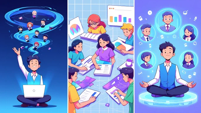 A solo founder with a glowing laptop, summoning chibi freelancer avatars from a digital portal. Show a bustling digital marketplace, with freelancers exchanging creative tools and digital assets. Visualize the founder meditating atop a floating digital platform, surrounded by completed projects and happy client avatars.