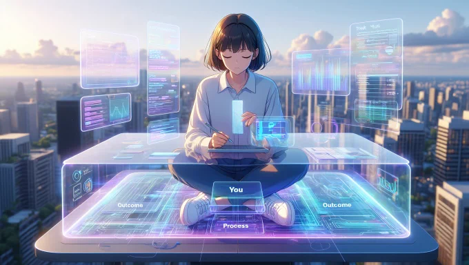 A floating digital blueprint in a futuristic workspace. Below them, glowing modular systems run autonomously—screens, gears, and interface elements hum quietly.