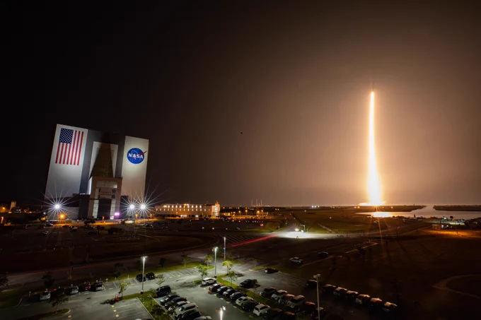 A SpaceX Falcon 9 rocket soars upward after liftoff from the launch pad at Launch Complex 39A at NASA’s Kennedy Space Center in Florida at 1 a.m. EST on Thursday, Dec. 9, 2021. The Falcon 9 carries NASA’s Imaging X-ray Polarimetry Explorer (IXPE) spacecraft. NASA’s Launch Services Program managed this launch.