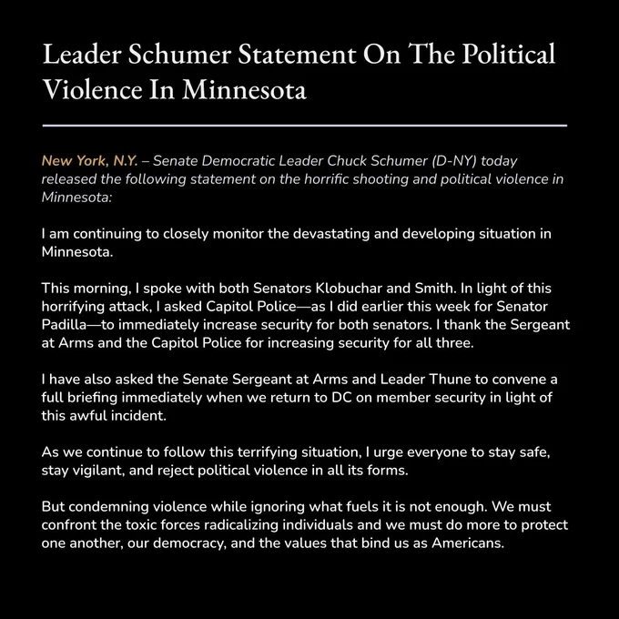 Leader Schumer statement on the political violence in Minnesota, June 14, 2025.