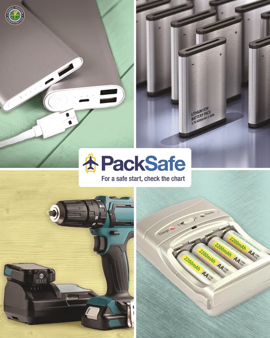 PackSafe collage of lithium batteries, chargers and a power drill