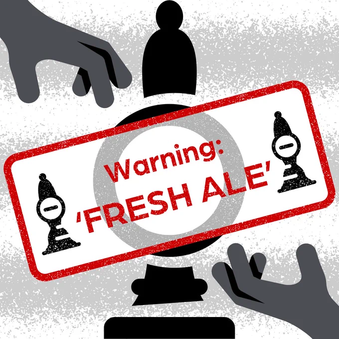 Graphic of a black handpull with a red rectangular box covering its middle, and red text that says Warning 'Fresh Ale' inside. There is a hand reaching out from the top left corner and bottom right corner, and eight static like grey vertical lines across the background.