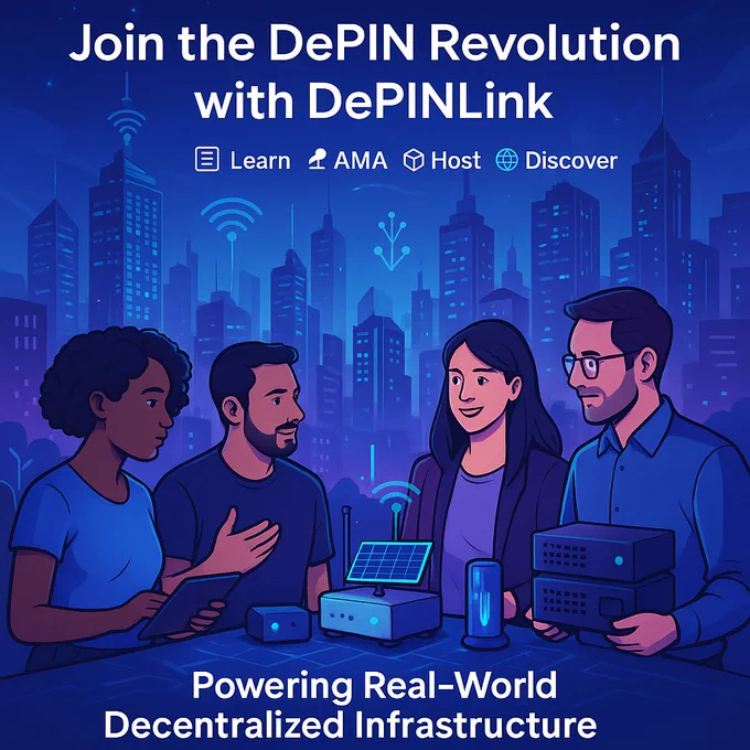 Illustration of four diverse people gathered around decentralized devices like routers and sensors, with a futuristic city glowing in the background. The text reads 'Join the DePIN Revolution with DePINLink – Learn, AMA, Host, Discover' and 'Powering Real-World Decentralized Infrastructure.