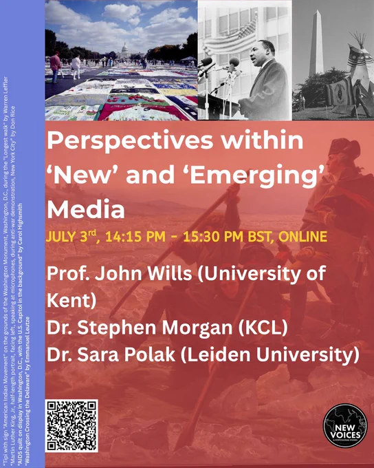 Introducing the "American Dream/American Nightmare" conference speakers! 

Our second roundtable of the day is on "Perspectives within "New" and "Emerging" Media" and will feature Prof John Wills (University of Kent), Dr Stephen Morgan (KCL), and Dr Sara Polak (Leiden University).

📍Online
🗓️ 3rd July 2025, 14:15-15:30 BST

Don't forget to sign up (for free!) using the QR code or the link in our bio ✨
i with sign "American Indian Movement" on the grounds of the Washington Monument, Washington, D.C., during the "Longest walk" by Warren Leffler
“Martin Luther King, Jr., half-length portrait, facing left, speaking at microphones, during anti-war demonstration, New York City” by Don Rice
“AIDS quilt on display in Washington, D.C., with the U.S. Capitol in the background” by Carol Highsmith
“Washington Crossing the Delaware” by Emmanuel Leutze