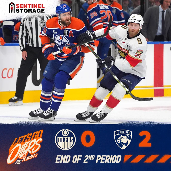 Oilers intermission graphic with an action shot from the game 