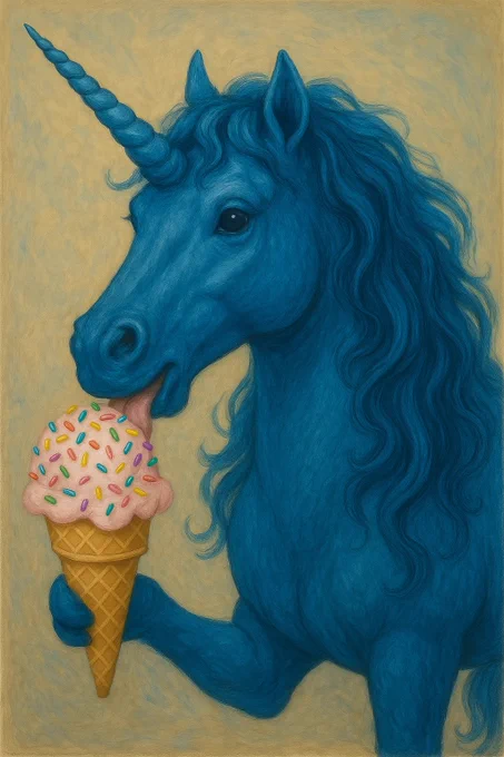 Blue unicorn eating ice cream
