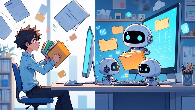A solo founder juggling multiple client files, then being helped by chibi robot assistants who organize everything into neat digital folders.