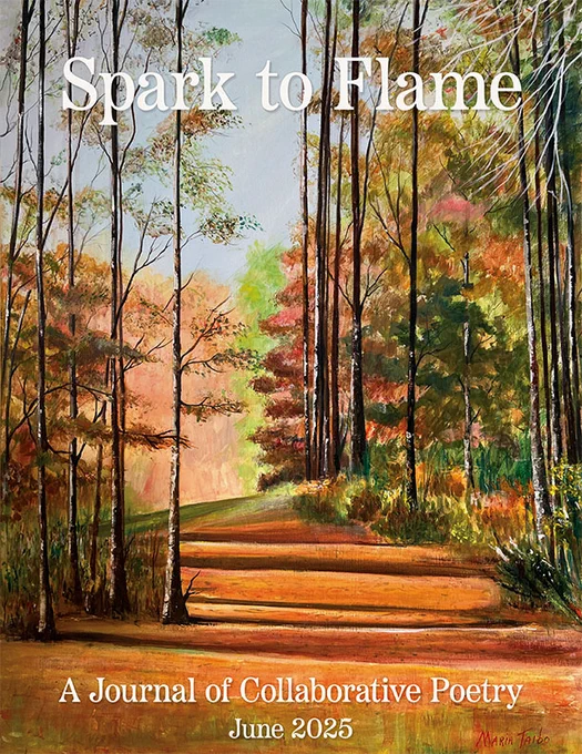 Spark to Flame Issue Five cover art by Maria Taibo showing a painting of a forest, with warm browns and greens.