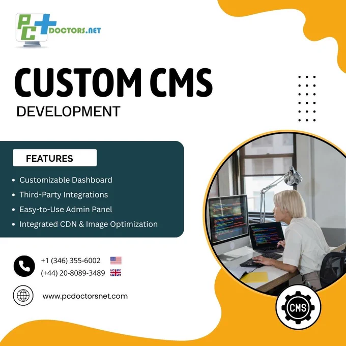 PC Doctors NET specializes in Custom CMS Development, crafting tailored content systems that align with your workflow, scalability needs, SEO strategy, and user experience goals. Unlike generic platforms, our CMS solutions are performance-tuned, secure, and built to grow with you, featuring intuitive dashboards, role-based management, and future-proof integrations. Visit pcdoctorsnet.com or call  1 (346) 355-6002 to build a CMS that works your way.