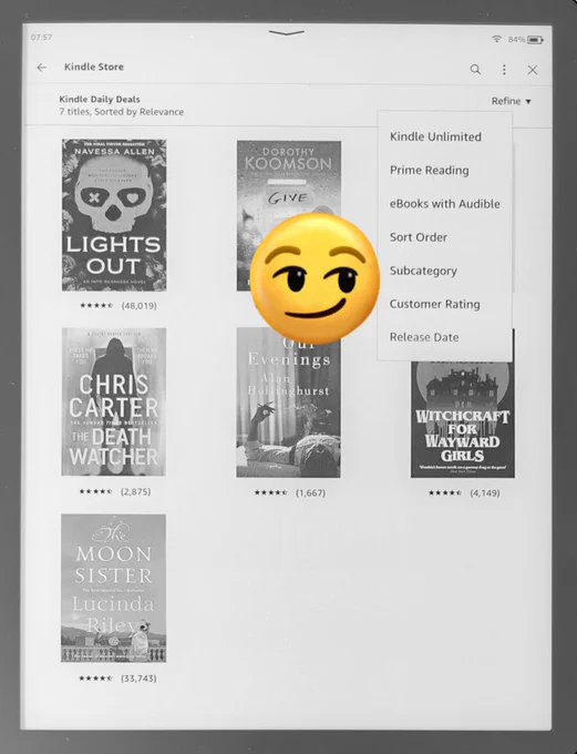 ...whereas the Kindle Daily Deals, often containing less than 11 books, still allows refining by subcategory, which is utterly pointless, as all of the books generally fit on one page anyway...