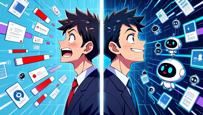 A founder juggling tasks, then happily delegating to adorable robot assistants and virtual helpers. The scene transitions from chaos to calm, with vibrant, expressive faces and dynamic motion lines.