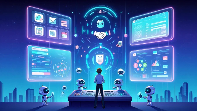 A solo founder at a control panel, transforming traditional service icons (like a handshake or calendar) into sleek SaaS dashboards and automated flows.