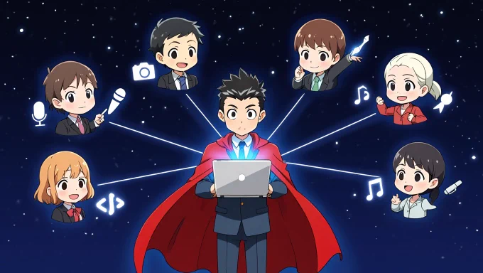 A solo founder with a superhero cape, using a magical laptop to summon chibi freelancers from around the world. Each freelancer is surrounded by glowing icons representing their expertise. The background is a starry night sky with digital connections linking everyone.