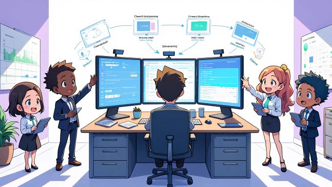 A solo founder at a command center, orchestrating client onboarding, project planning, and delivery with glowing digital panels. Chibi assistants pass digital files and celebrate milestones.