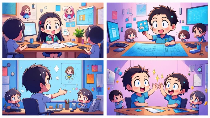 A solo founder character moving through the solo agency process: greeting a client, planning with blueprints, delivering digital files, and celebrating with happy clients. Each step is illustrated with expressive chibi helpers and glowing effects.