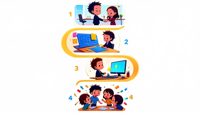 A solo founder character moving through key agency stages: onboarding a client (welcoming handshake), planning (blueprints and sticky notes), delivery (sending digital files), and celebrating success (confetti and happy clients). Each step is connected by a glowing path, with vibrant, playful colors and expressive chibi characters.