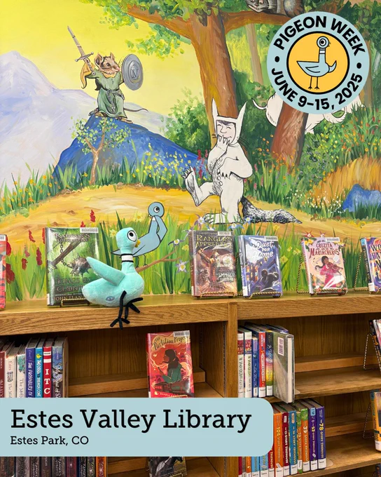 Promotional display at Estes Valley Library for Pigeon Week, featuring colorful illustrations of characters from the Pigeon book series by Mo Willems, surrounded by shelves of books.