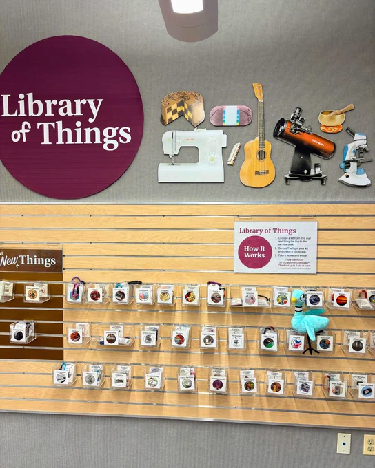 Display at a Library of Things featuring a variety of items for borrowing, including musical instruments, sports equipment, and household tools, arranged neatly against a wall.