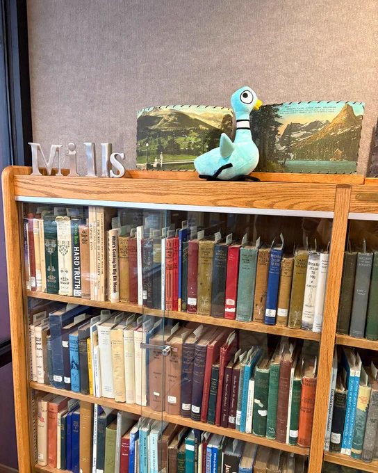 A bookshelf in a library displaying a collection of books with various bindings. A plus Pigeon is perched atop the shelf, beside a cardboard sign with the name "Mills" and a scenic backdrop.