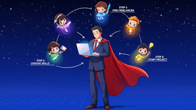 A solo founder with a superhero cape, using a magical laptop to summon chibi freelancers from around the world. Each freelancer is surrounded by glowing icons representing their expertise.