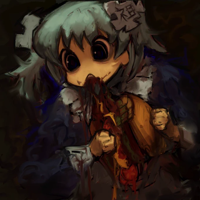 Wikipe-tan eating a burger in the style of 'Saturn Devouring His Son' by Francisco Goya