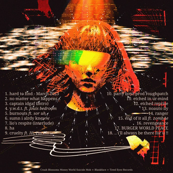 ilysm - burger world peace & the endless mediocrity (tracklist)

1. hard to find - March 2023
2. no matter what happens ..
3. captain idgaf (intro)
4. y.w.d.t. ft. louis bedroom
5. burnouts ft. sor uh
6. sumn i alrdy kneww
7. lio's respite (interlude) ft. SATURNULTRA
8. ha
9. cruelty ft. Hi, I'm Chris
10. party boyz prod roughpatch <-- this is the title of the song
11. etched in ur mind
12. etched reprise
13. noauto ily
14. ranger
15. end of it all ft. zombAe
16. revengeance
17. BURGER WORLD PEACE
18. .. i'll always be there for u !!

Crash Blossoms Money World Suicide Mob   Blankface   Tired Eyes Records