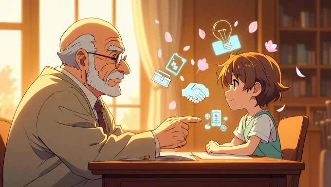A wise, gentle father figure sharing advice with a young founder at a cozy, sunlit desk. Floating icons represent classic fatherly wisdom, which transform into digital service icons  above their heads.