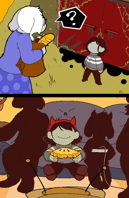 A comic of the Vessel from Deltarune, getting adopted by Toriel and slowly gaining Kris's colors as they eat pie and smile.