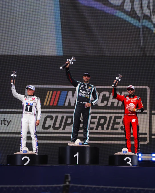 Shane van Gisbergen, Christopher Bell and Chase Elliott on the podium in Mexico City.