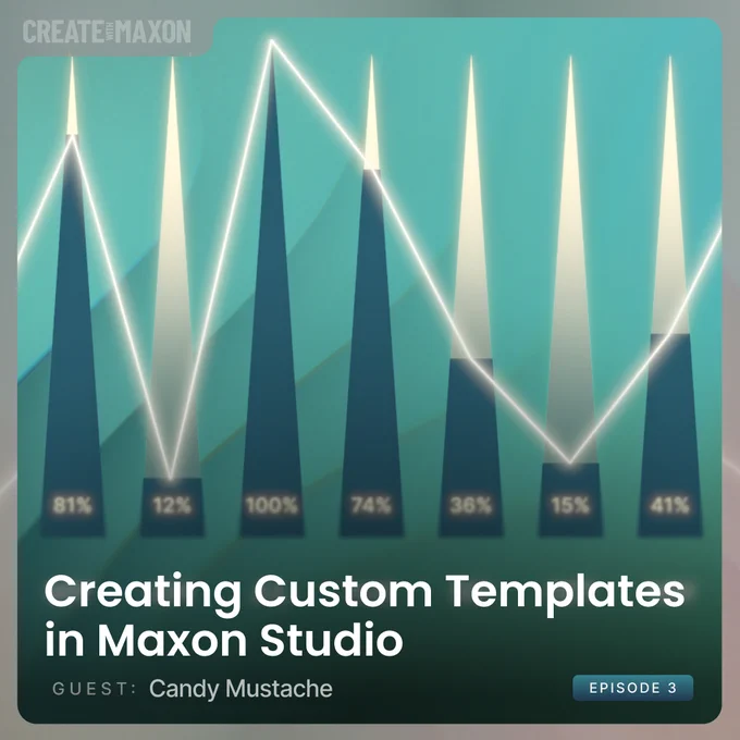 Promotional image for a Create with Maxon stream titled "Creating Custom Templates in Maxon Studio, Episode 3" featuring a graphic of rising and falling bars labeled with percentages, and a guest named Candy Mustache. 