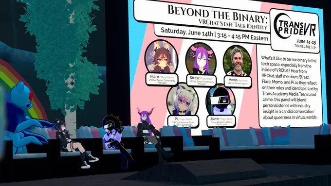 A panel is taking place inside a VRChat instance. Five avatars are seated on a virtual stage in front of a large event slide titled “Beyond the Binary: VRChat Staff Talk Identity.” The panel is scheduled for Saturday, June 14th from 3:15 to 4:15 PM Eastern as part of the Trans Pride VR event. The slide features portraits and names of panelists: Flare, Strasz, Momo, Pi, and Jaime, with their pronouns and roles listed. The seated avatars vary in appearance, including characters with horns, glowing outlines, and animal ears. The stage is decorated with trees and pastel-colored seating.