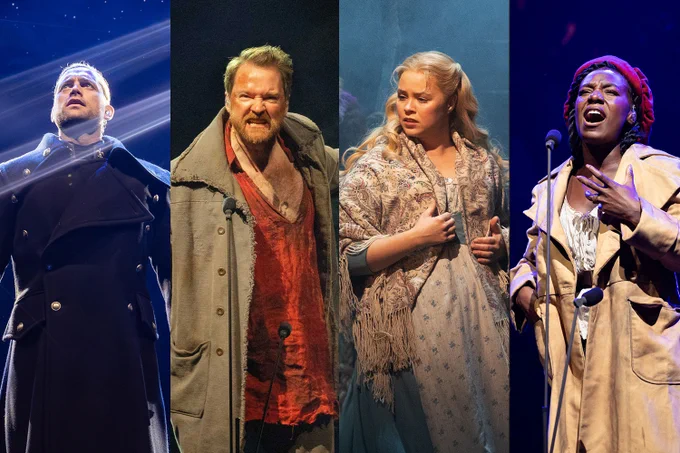A photo showing four performers in vintage out fits on a west end stage 