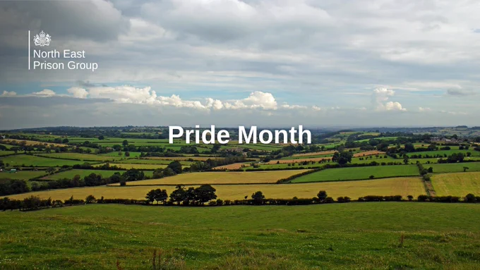 A field in North East England. Overlaid is text that says "Pride Month".